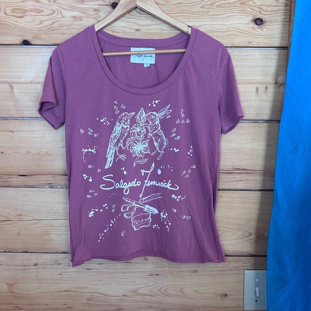 Graphic Tee Women Medium Mauve Bird Rabbit Hand Screened Art Salgado Fenwick